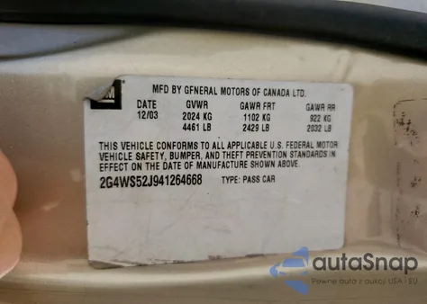 2004 Buick Century Custom from USA, damaged, VIN 2G4WS52J941264668